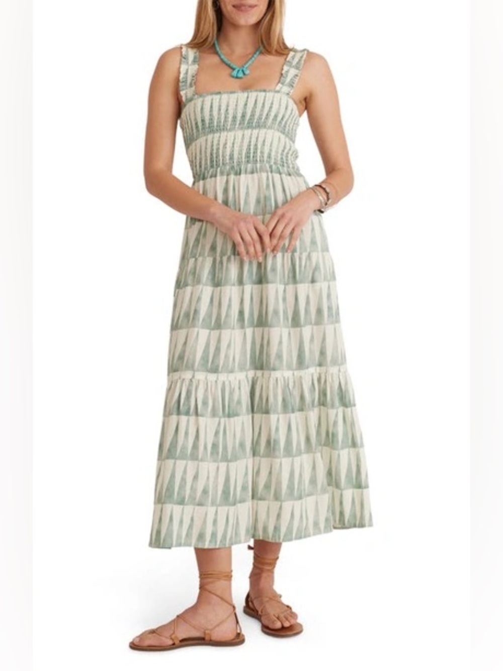 MARINE LAYER Selene Smocked Maxi Dress medium green pockets linen vacation trip - Picture 2 of 11